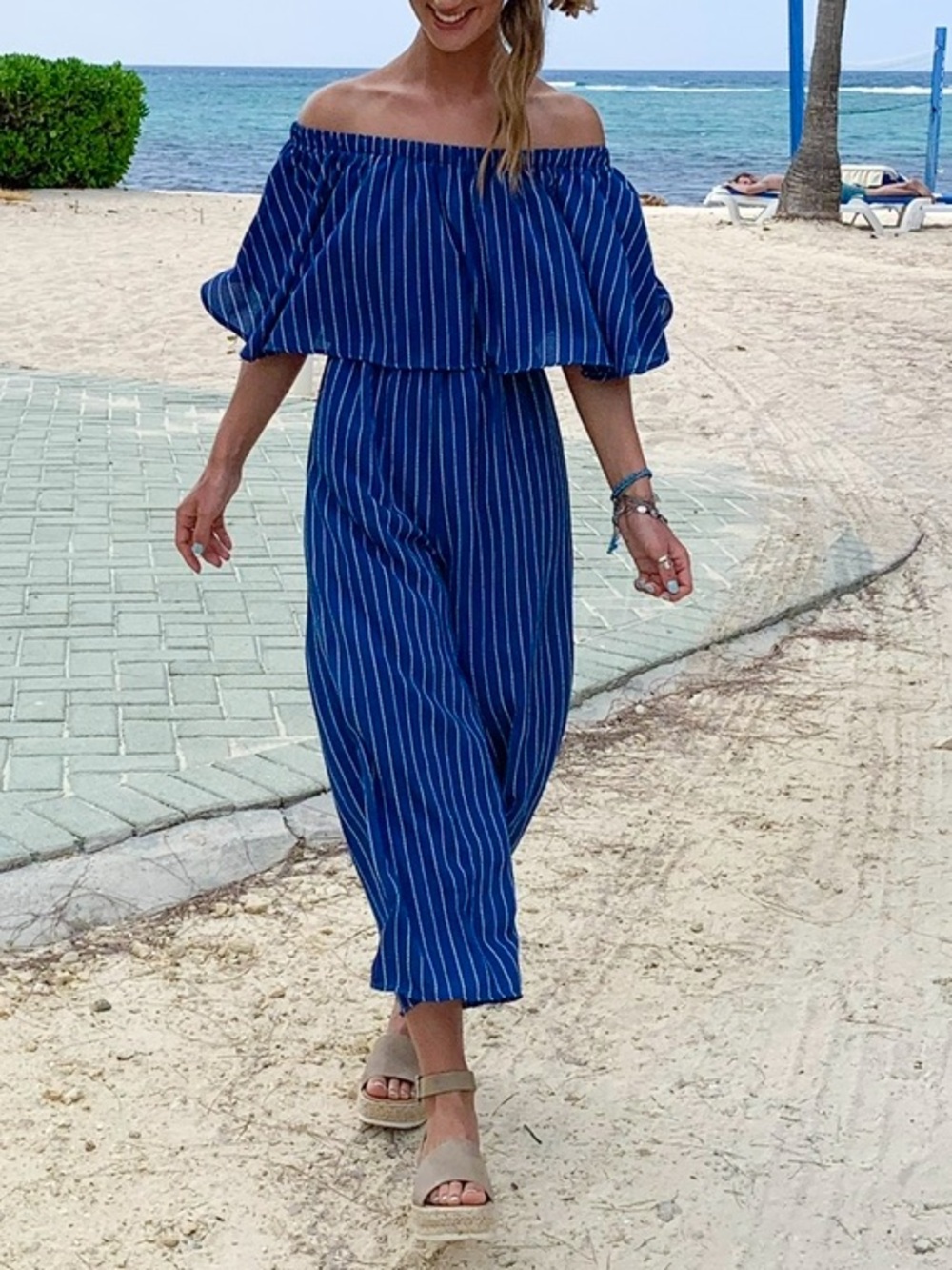 Blue Off-Shoulder Striped Jumpsuit